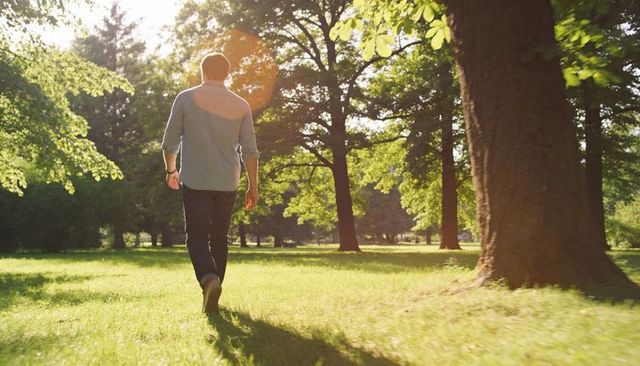 Man walking through sunlit park at golden hour with lens flare, casual denim, tranquil green space