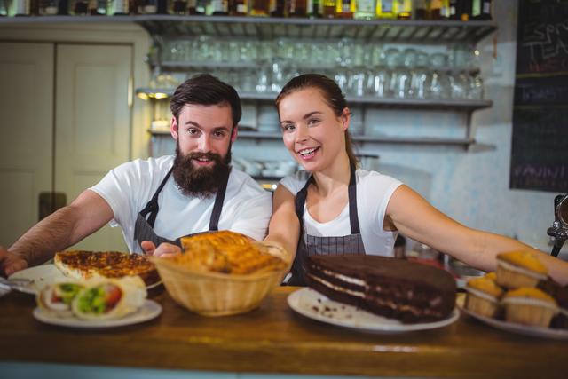 Waiter and waitress standing behind a counter in a cafe, smiling and presenting a variety of pastries and desserts. Ideal for use in marketing materials for cafes, bakeries, or restaurants, showcasing friendly customer service and delicious food offerings.