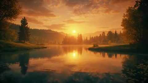 Golden Sunset Over Serene Mountain Lake with Reflecting Ripples