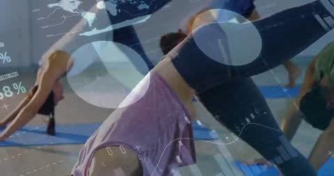 Group Practicing Yoga Flow with Fitness Data Overlay Showing Downward-Facing Dog and Mat Close-Up