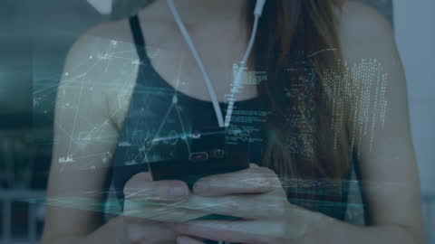 Woman Using Smartphone with Overlay of Financial Data Graphics