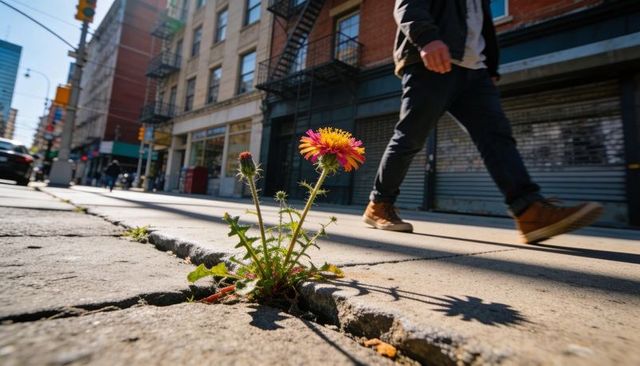 Sunlit resilient wildflower pushing through cracked city sidewalk, passing pedestrian boots
