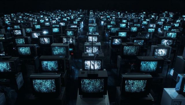 Glowing CRT Monitors Displaying Blue Static in Dark Warehouse