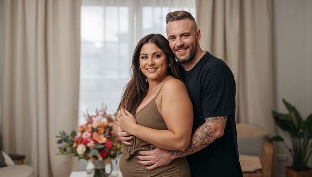 Couple embracing at home, smiling while showing ring and decorative bouquet