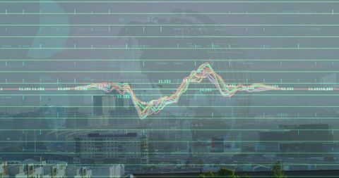 Financial data projection over cityscape in digital interface