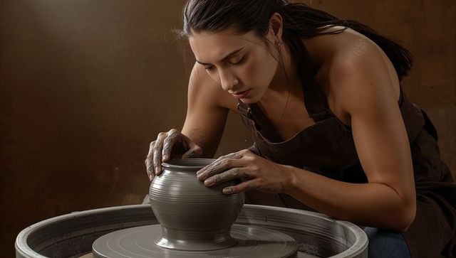 Female potter shaping clay vessel on wheel with wet hands, focused handmade ceramic craft