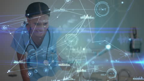 Doctor Discussing with Patient Amidst Digital Medical Data Network