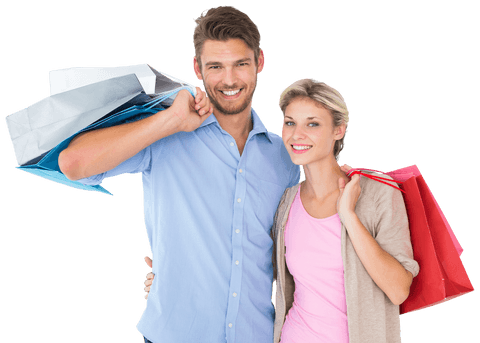 Transparent young couple smiling and holding shopping bags