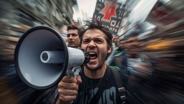 Young activist shouting through megaphone leading urban protest crowd with motion blur