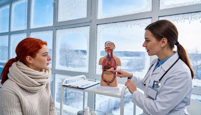 Female doctor explaining human torso model to patient during winter clinic consultation