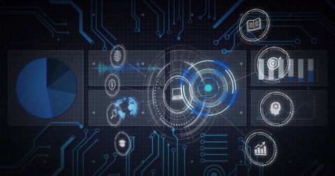 Futuristic Holographic Data HUD Displaying Blue Circuit Network and Analytics Dashboard