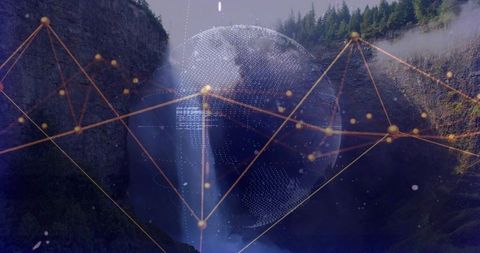 Misty waterfall merging with dotted globe and glowing orange-gold network mesh