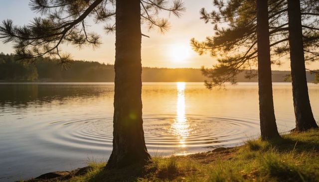 Pine Trunks Framing Golden Sunset over Calm Lake with Sun Reflection and Ripples Warm Glow