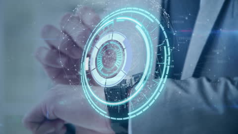 Futuristic Businessman Using Smartwatch with Digital Interface