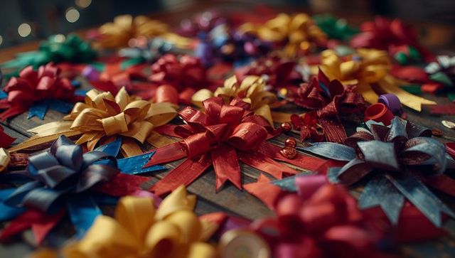 Colorful Decorative Bows on Wooden Crafting Workspace