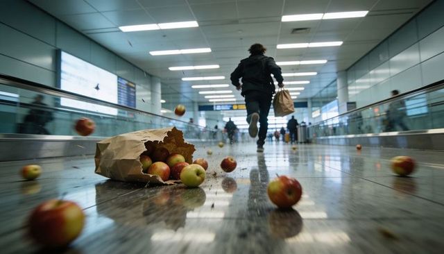 Traveler running through airport concourse while paper bag tears and apples scatter with motion blur