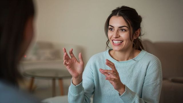 Smiling woman talking and gesturing on cozy couch wearing light blue knit sweater