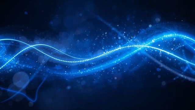 Flowing blue neon ribbon with dotted light trail and glowing particles