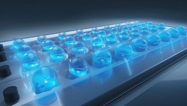 Futuristic cyan led dome array glowing on metallic grid with neon reflections