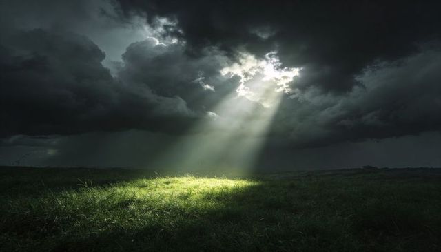 Shafts of Sunlight Illuminating Lone Meadow Clearing Through Dark Thunderstorm Clouds