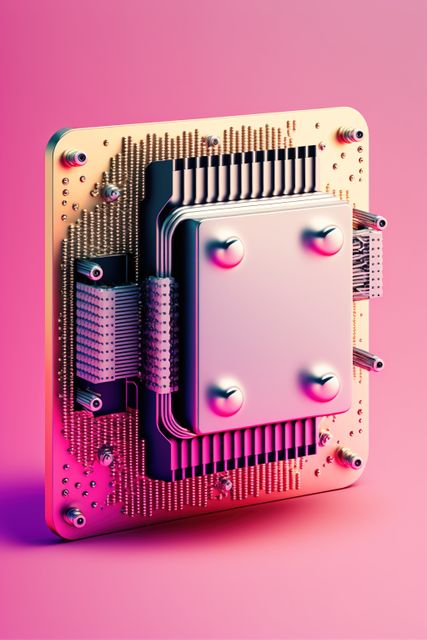 Computer processor on pink background, created using generative ai technology. Computer microchip technology and digital information concept digitally generated image.