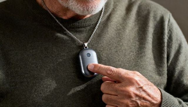 Senior pressing emergency pendant on necklace, activating response and personal safety