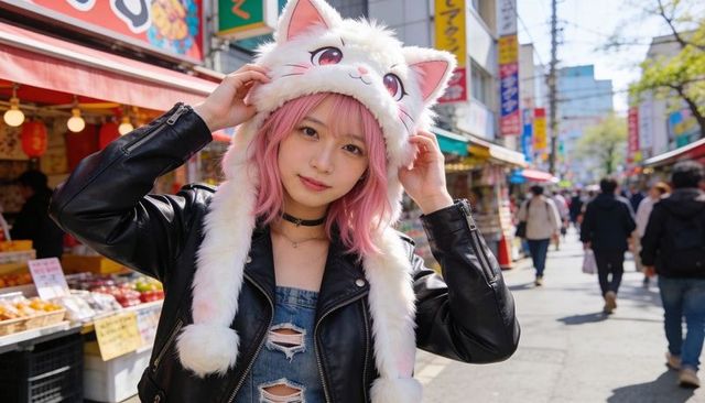 Woman with pink hair wearing fluffy cat-eared hat and leather jacket in street market