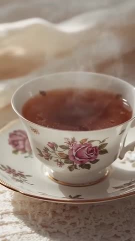 Steaming Rose Teacup on Lace Table, Camera Moving Closer | Vertical 9:16 Video