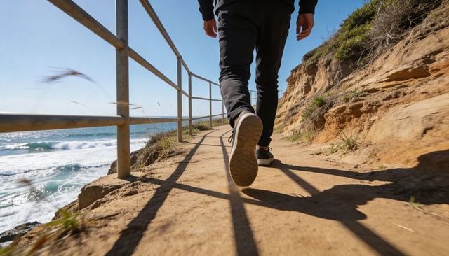 Walking along cliffside trail wearing sneakers and hoodie with sunlit ocean view