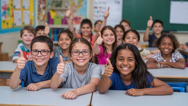 Diverse elementary students smiling and giving thumbs up in classroom