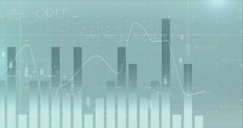 Teal analytics dashboard visualizing bar charts and candlestick trend line