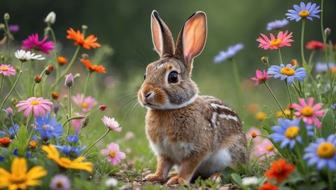 Wild cottontail rabbit among blooming spring daisies in a sunny meadow