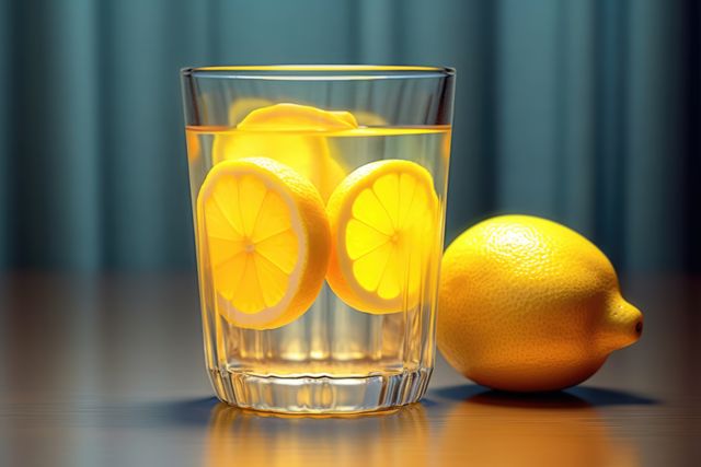 Glass of lemon juice and lemon on wooden surface, created using generative ai technology. Juice, drink and refreshment concept digitally generated image.