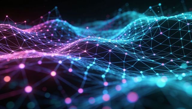Flowing neon data mesh connecting nodes, triangular wireframe cyan purple gradient