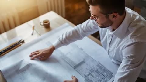 Architect smoothing blueprint on desk while measuring plans in sunlit studio
