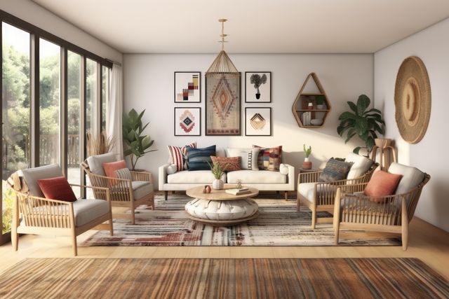 Living room interior with sofa, armchairs and decorations created using generative ai technology. Boho, furniture, style, design and interior decoration concept digitally generated image.
