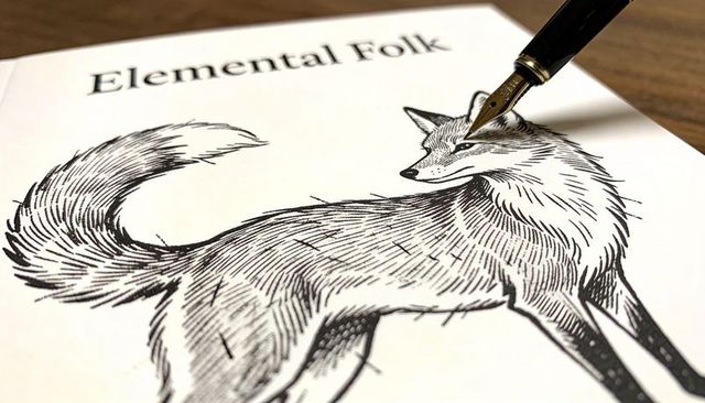 Fountain pen inking detailed fox line art on elemental folk page closeup, ink illustration