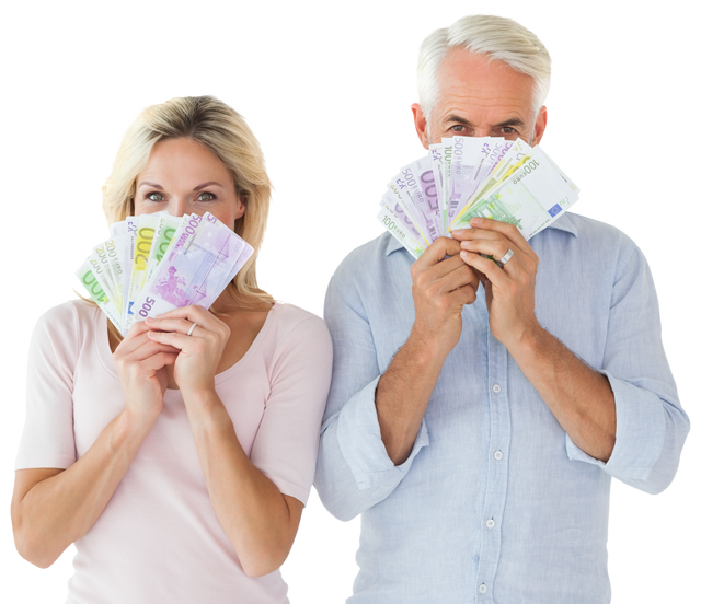 Happy Couple Hiding Faces Behind Euro Banknotes Isolated Transparent Background - Download Free Stock Videos Pikwizard.com