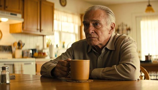 Senior man sipping coffee at kitchen table contemplating retirement, memory, morning light