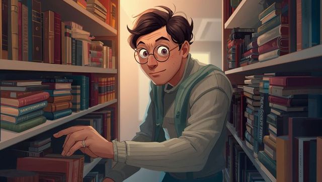 Young man browsing library shelves pulling book in narrow aisle warm light portrait