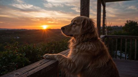 Golden Retriever Admiring Serene Sunset Over Peaceful Countryside