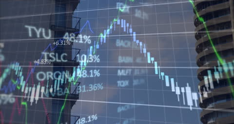 Animated Stock Market Data Overlays Urban Landscape