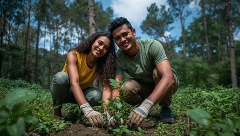 Young couple planting sapling in pine forest volunteering for reforestation together