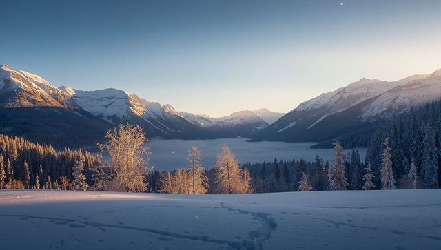 Sunlit Snow-Covered Mountain Valley with Frosted Pines, Footprints and Low Morning Mist