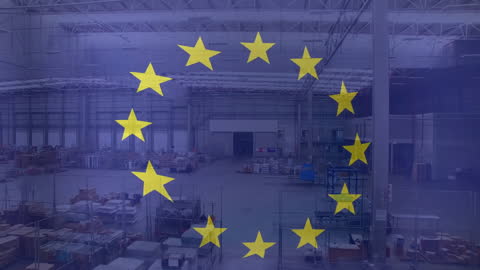 European Union Flag Over Inventory Warehouse Concept