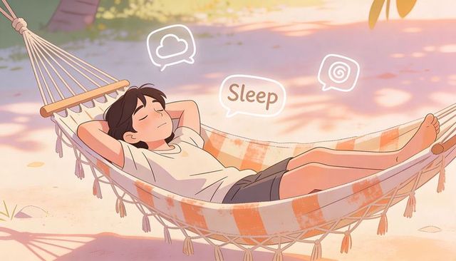 Teenage boy relaxing in hammock under golden sunlight, summer outdoor relaxation scene