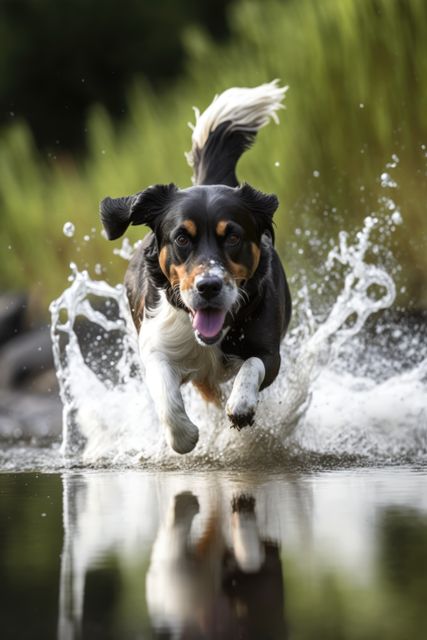 Black dog running in water over grass created using generative ai technology - Download Free Stock Photos Pikwizard.com
