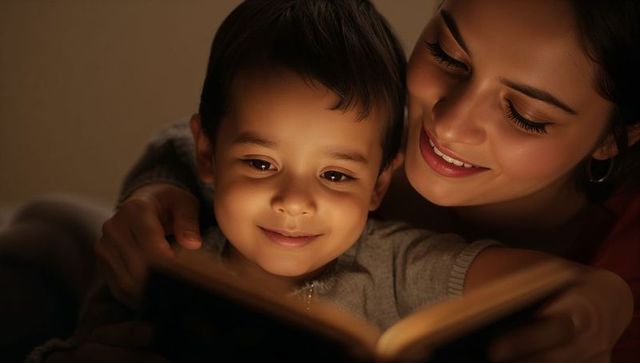 Mother and child reading by warm bedside glow, tender bonding moment of bedtime calm