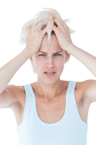 Stressed Blonde Woman Holding Head on Transparent Background