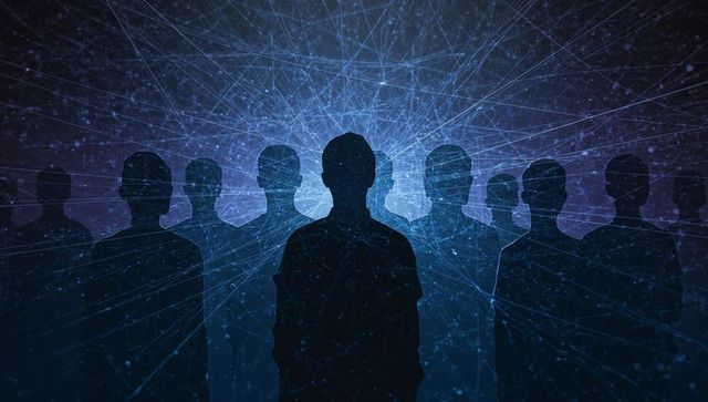 Silhouettes connecting through digital network with central figure glowing and data mesh, abstract f